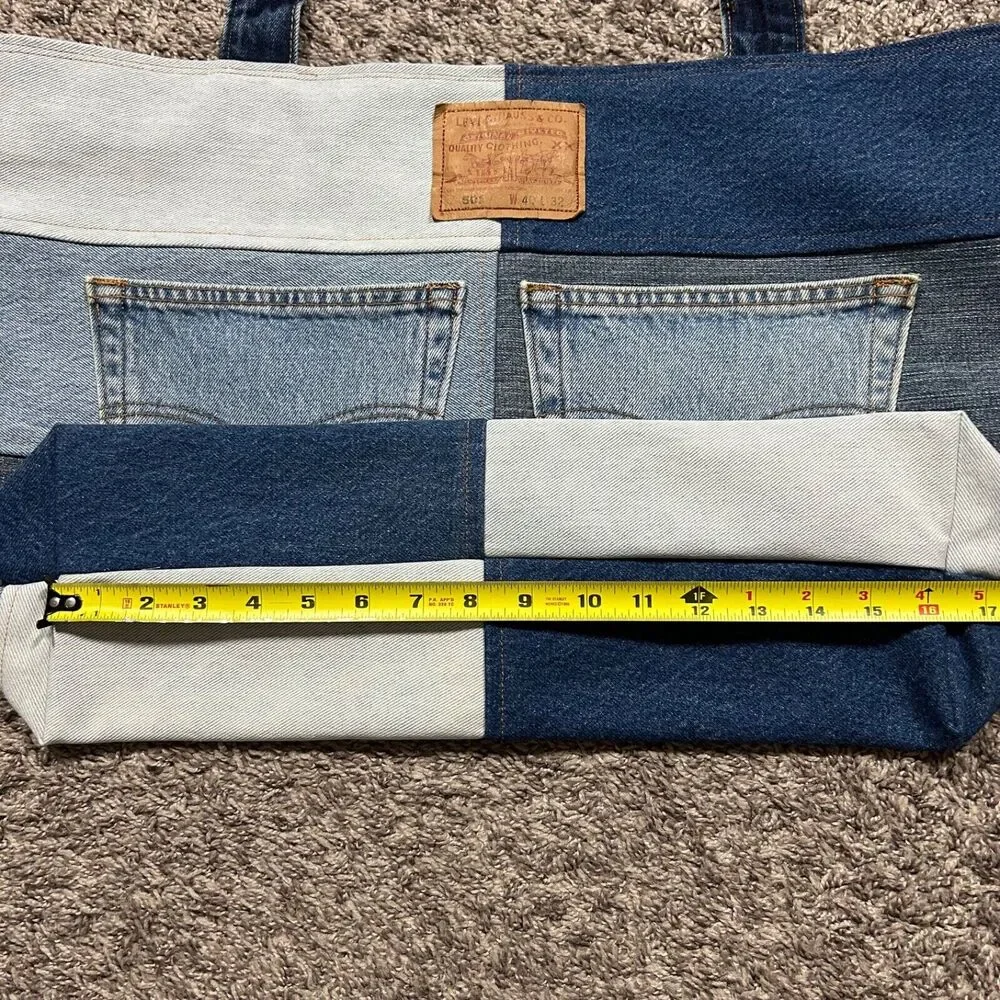 Handmade Patchwork Denim Bag Oversized Tote Shoulder Bag 16x6x14.5 Blue